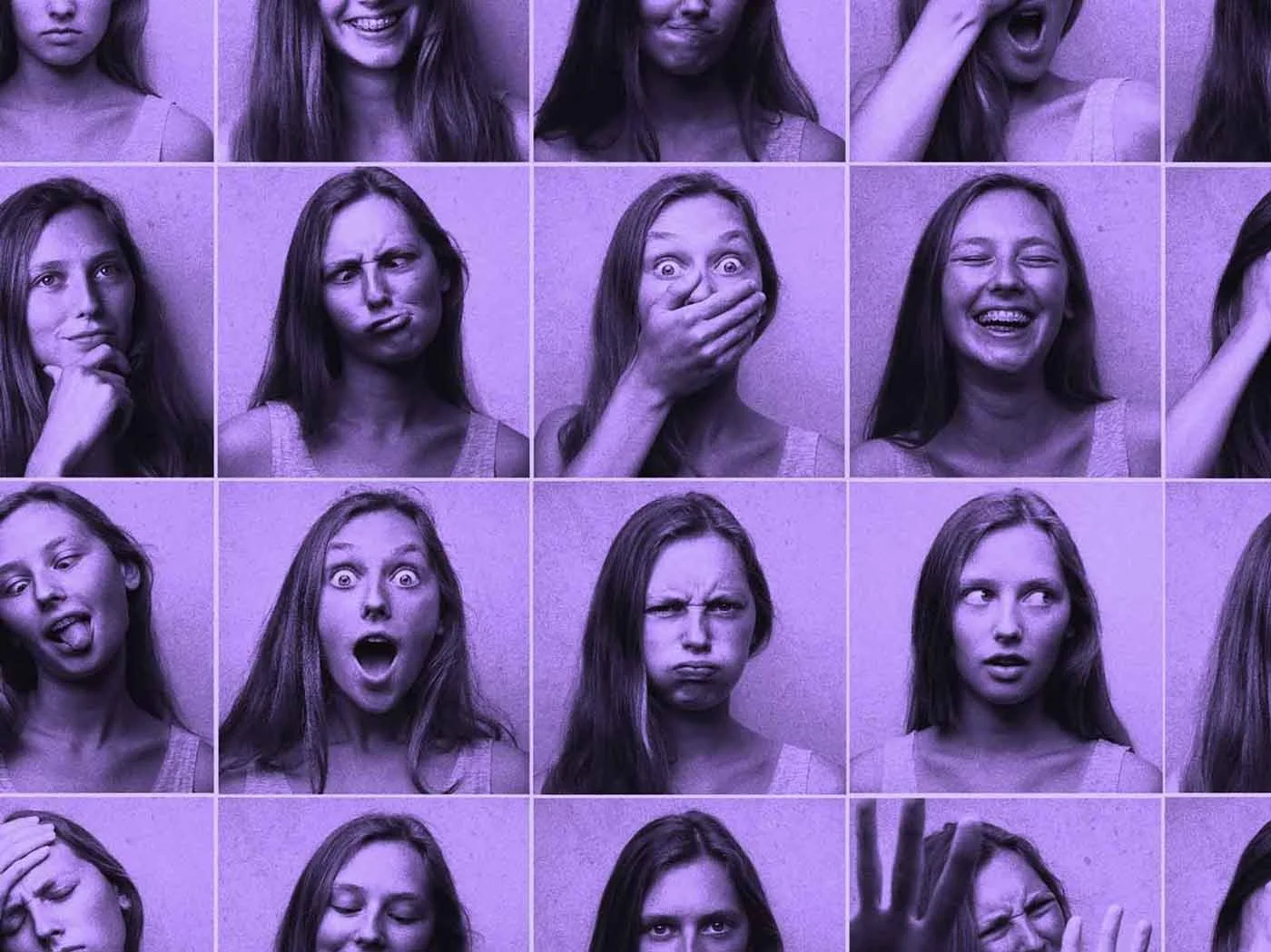 Grid of 16 portraits of a young woman displaying various emotions with a purple tint.