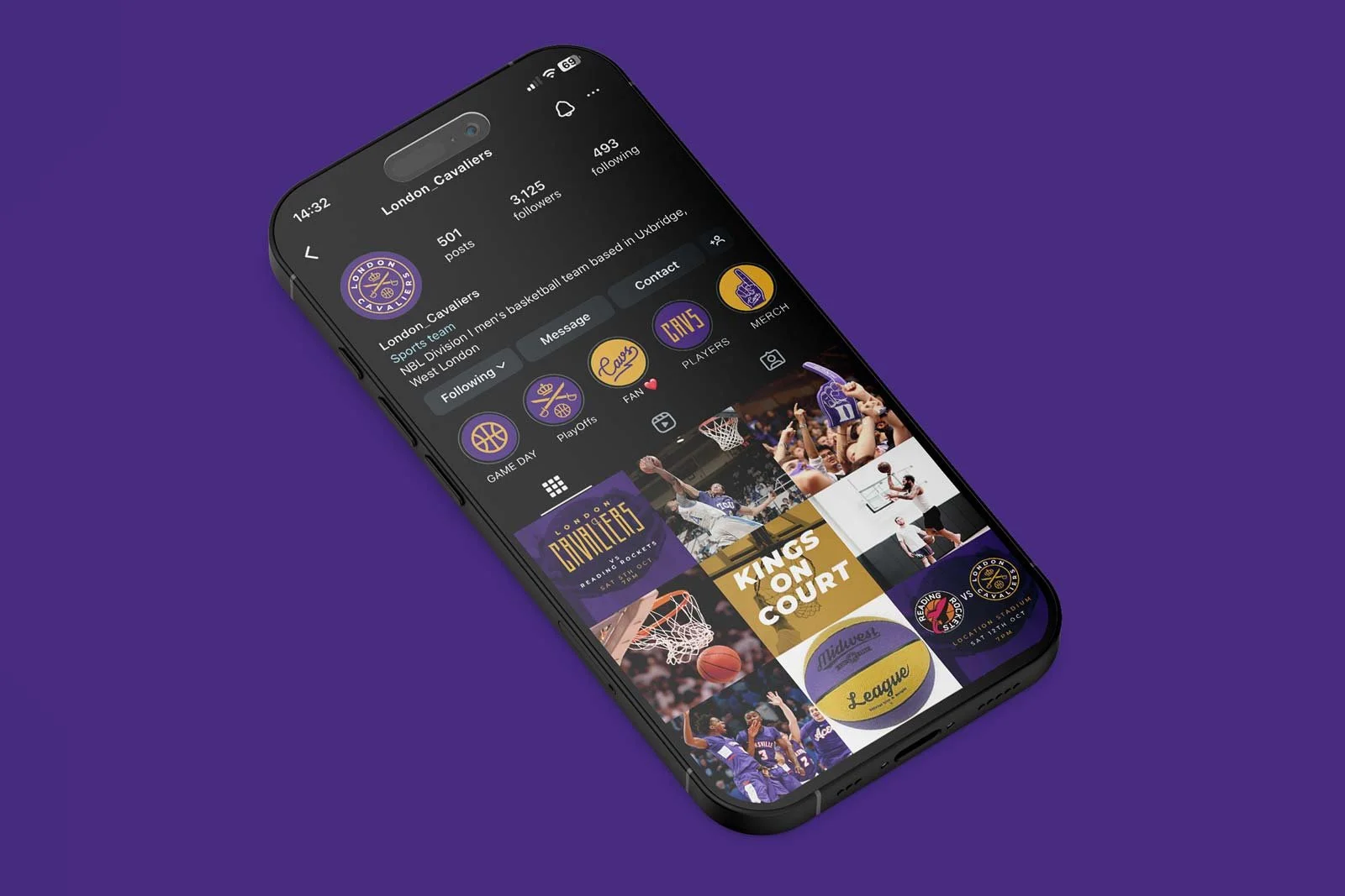 A smartphone displays the Instagram profile of the London Cavaliers basketball team.