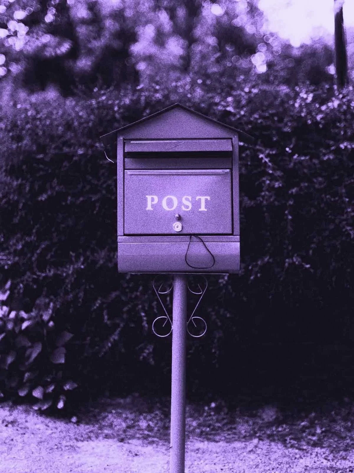 A purple mailbox with the word "POST" on it is attached to a pole.