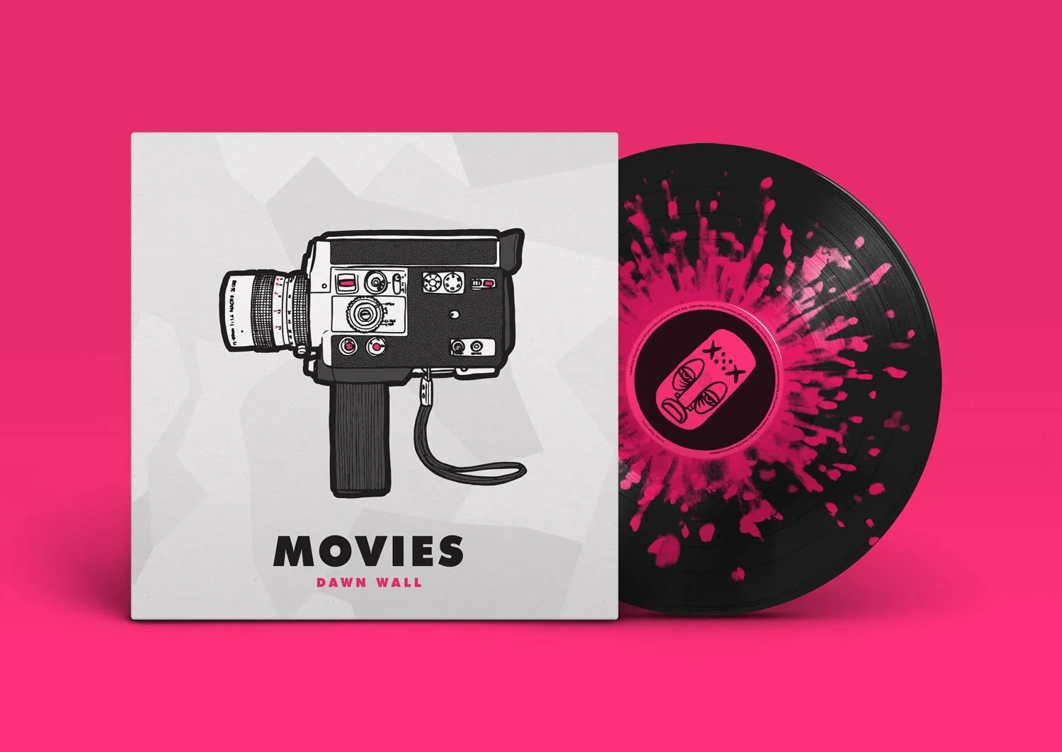 Record album cover and vinyl for Dawn Wall's "Movies" featuring a retro film camera.