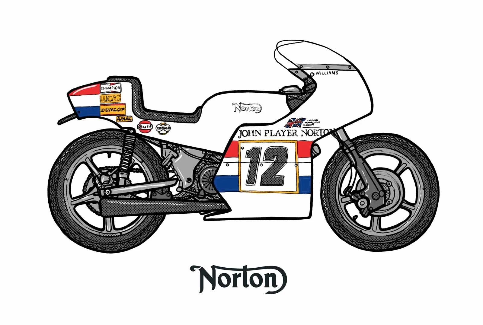 Illustration of a white Norton motorcycle with racing decals and the number 12.