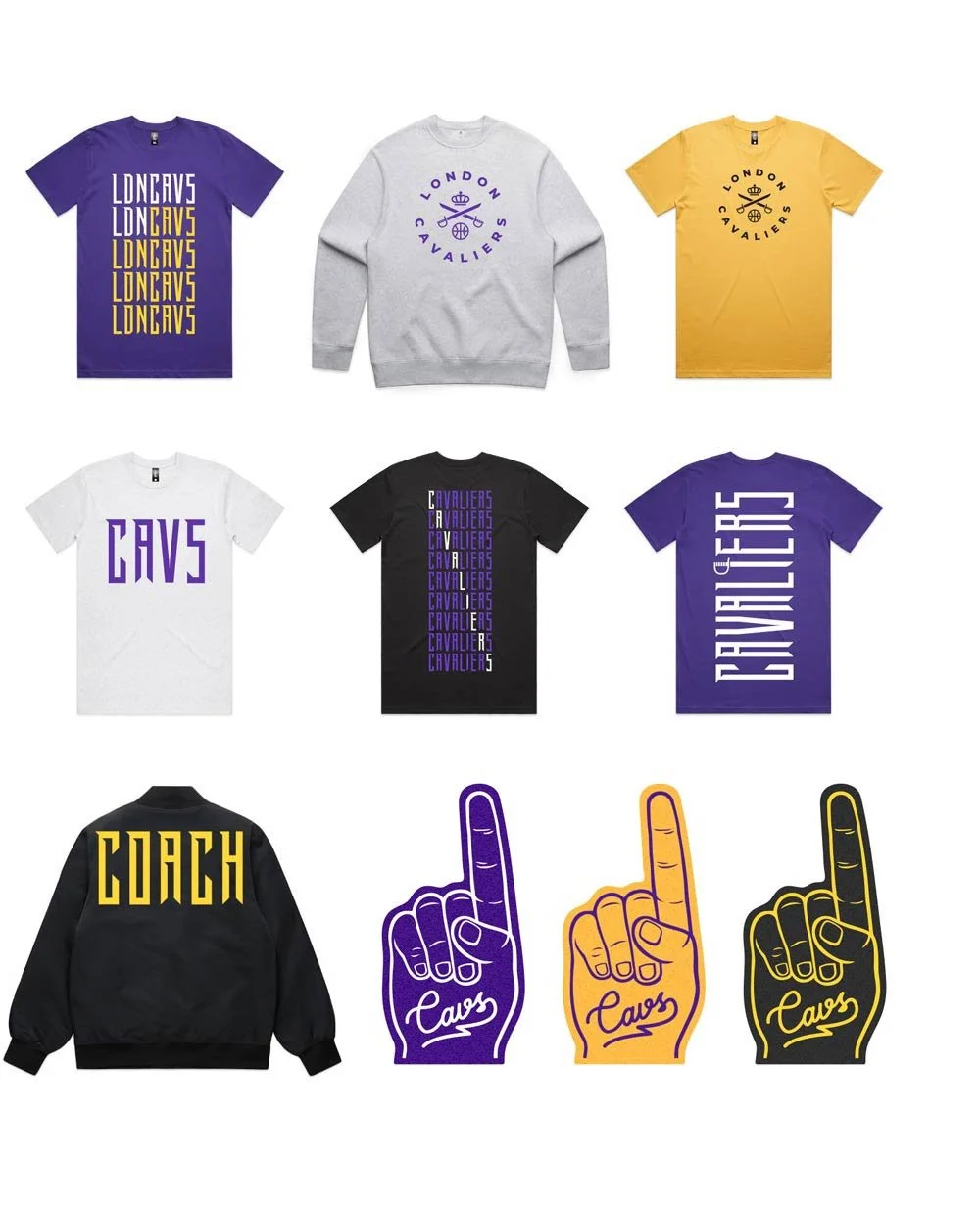 Collection of Cleveland Cavaliers apparel including shirts, a jacket, and foam fingers.