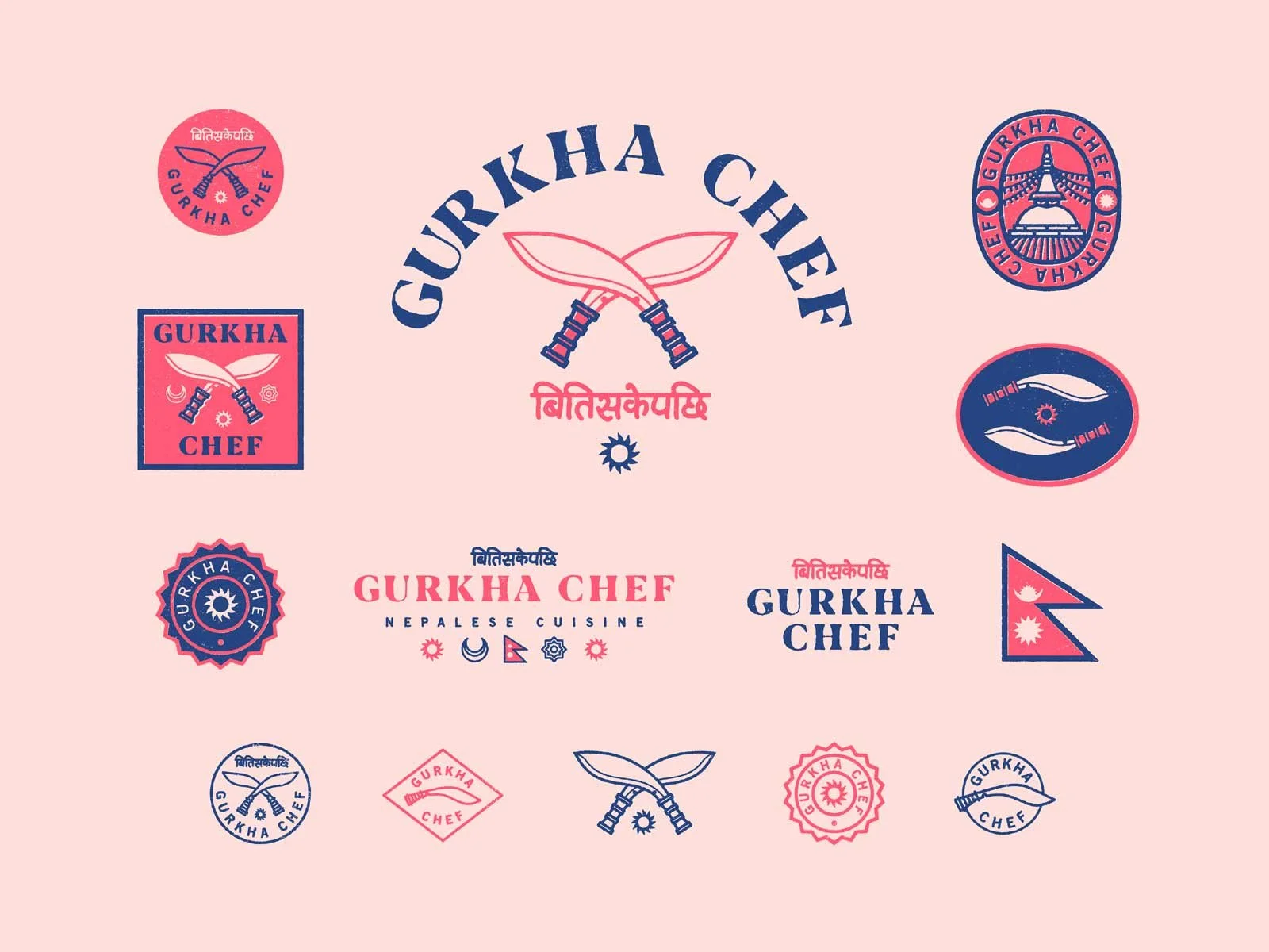 Various logos and emblems for "Gurkha Chef" are displayed, featuring knives and Nepali motifs.