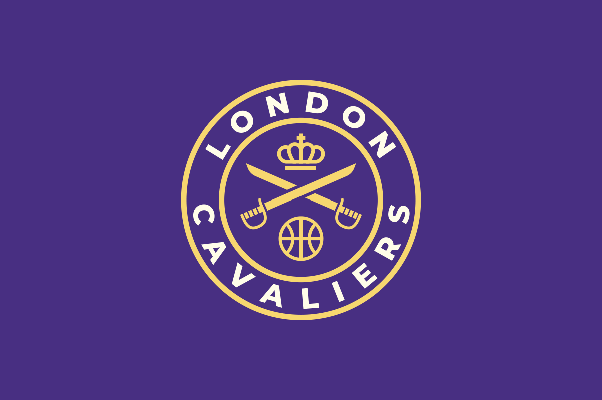 London Cavaliers logo with crossed swords, crown, and basketball on purple background.