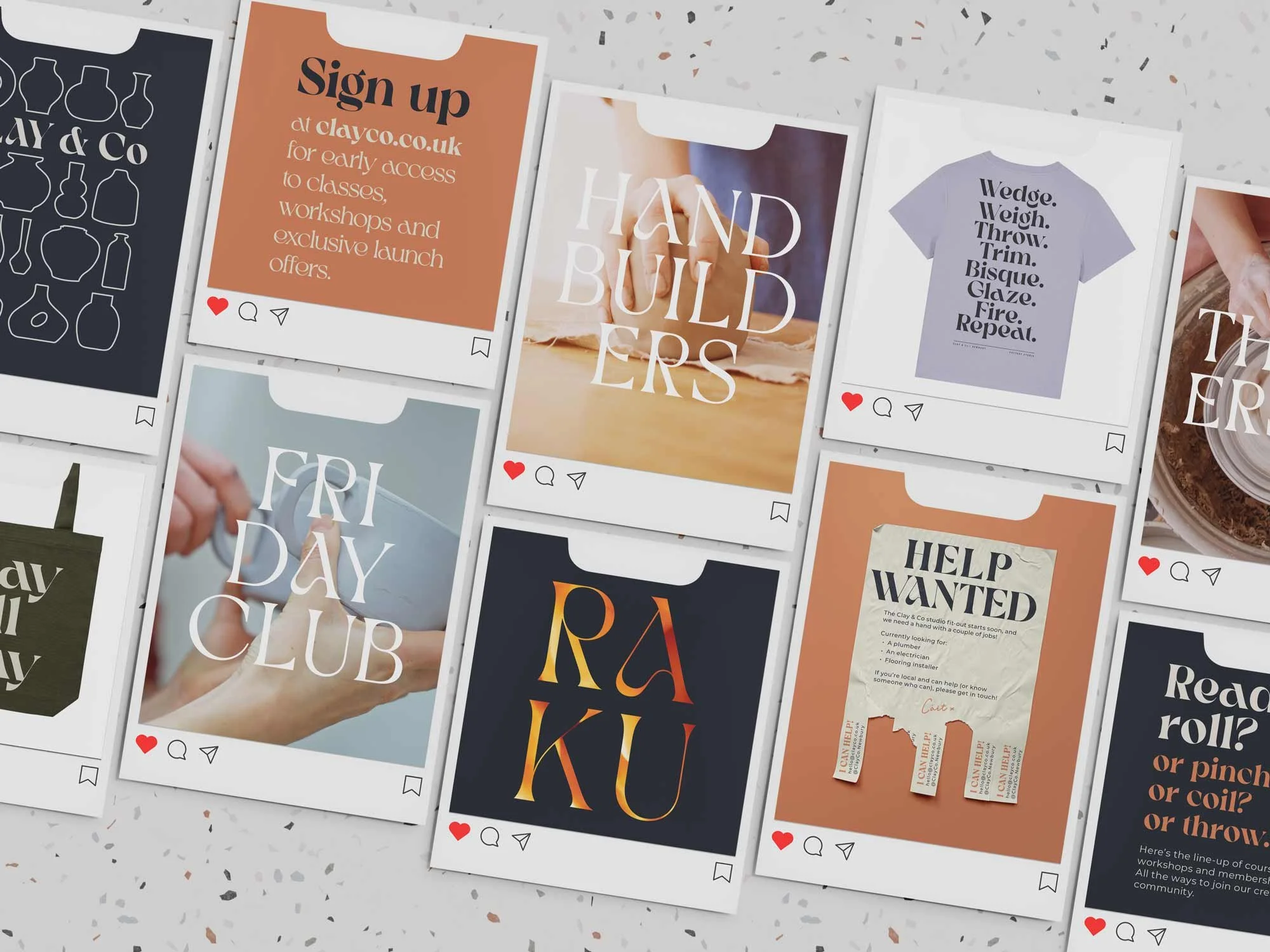 A collection of social media-style posts on a speckled desk surface. The posts are a combination of typography and photography and include promotional messages about upcoming workshops, classes and signing up for newsletter.