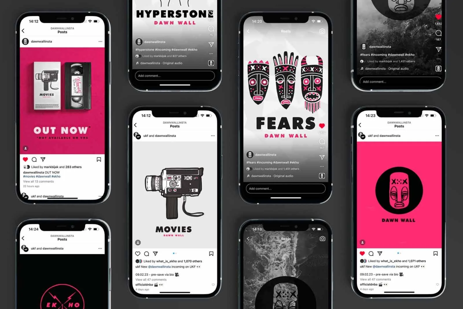 Collage of iPhone screens displaying various social media posts with "Dawn Wall" branding and artistic imagery.