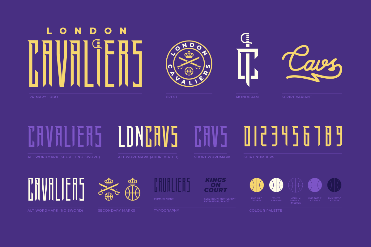London Cavaliers logo variations, crest, monogram, script, and color palette.