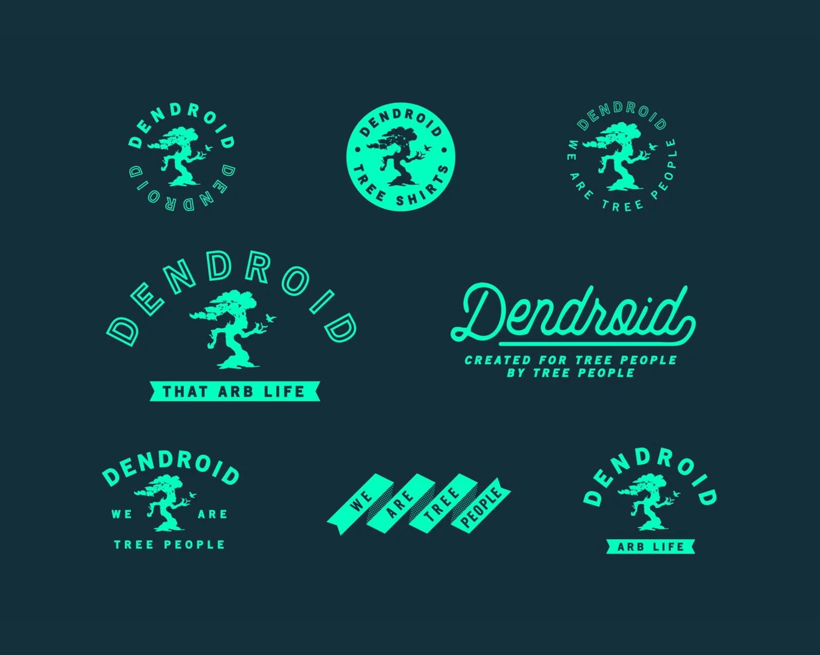 Various logos and designs featuring a stylized tree and the brand name "Dendroid" in teal.