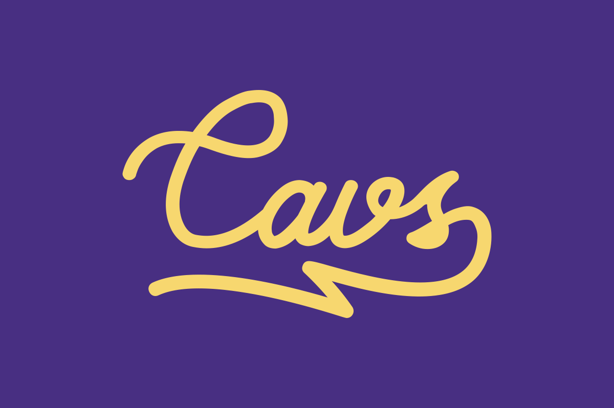 A yellow cursive "Cavs" logo on a purple background.