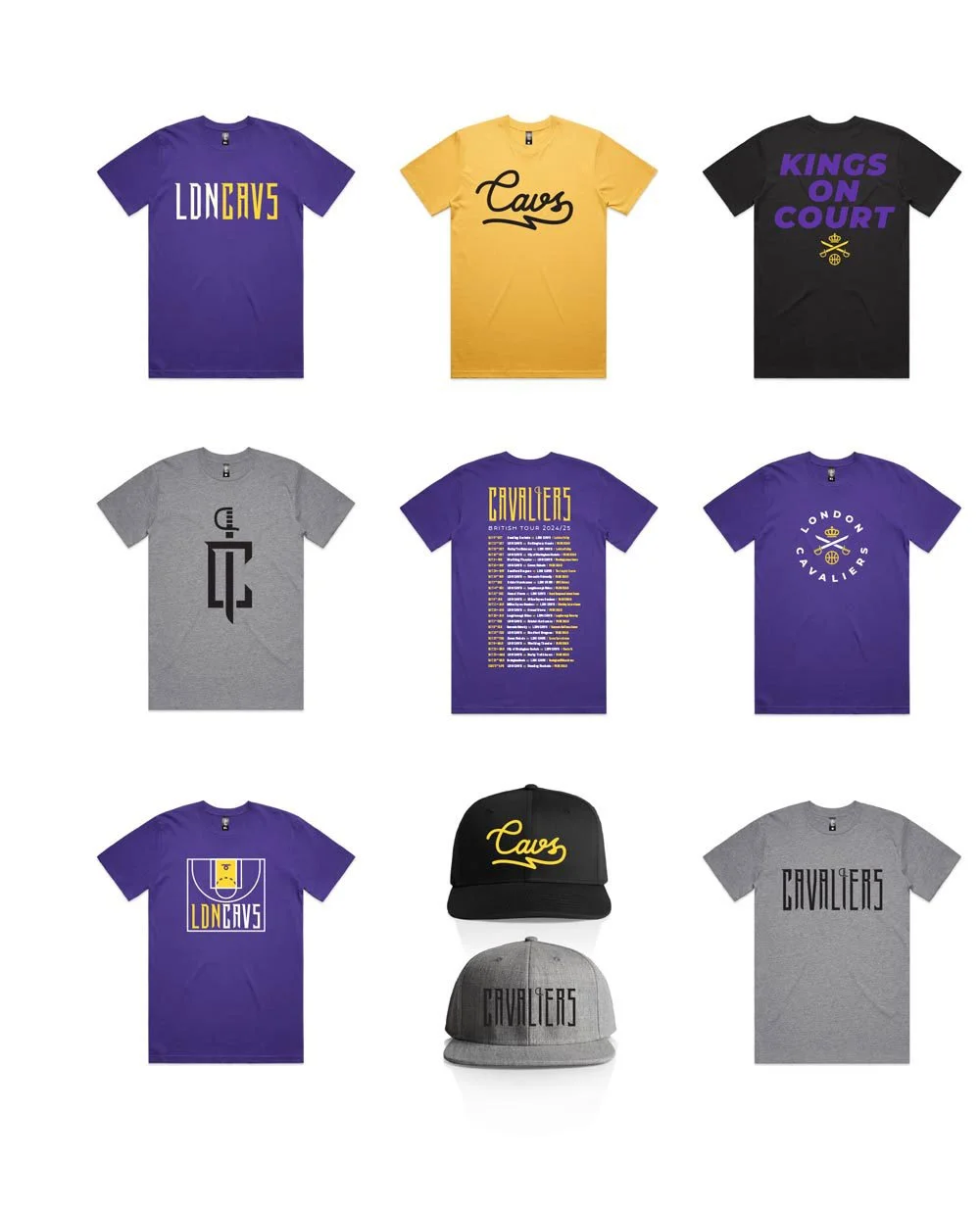 Collection of Cavaliers-themed apparel including t-shirts and hats.