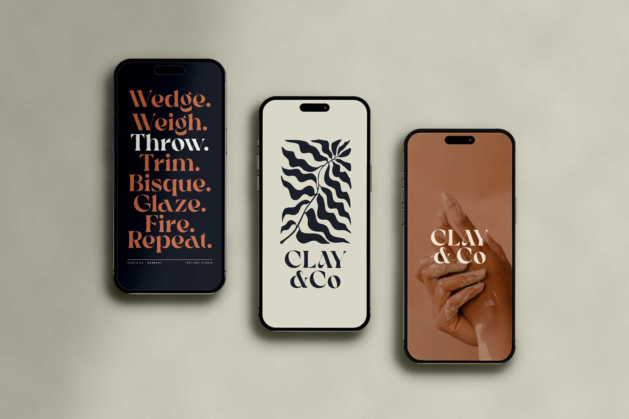 Three smartphones on a light beige surface displaying branding and designs for Clay & Co, a pottery studio.