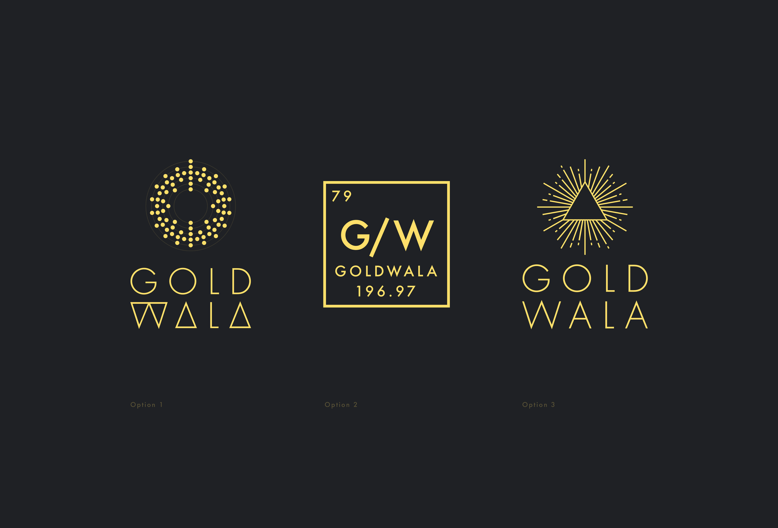 Three "Gold Wala" logo options in gold and yellow on a dark background.