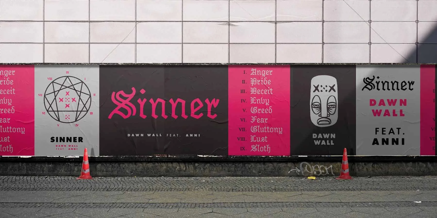 Multiple posters advertising "Sinner" by Dawn Wall feat. Anni are displayed.
