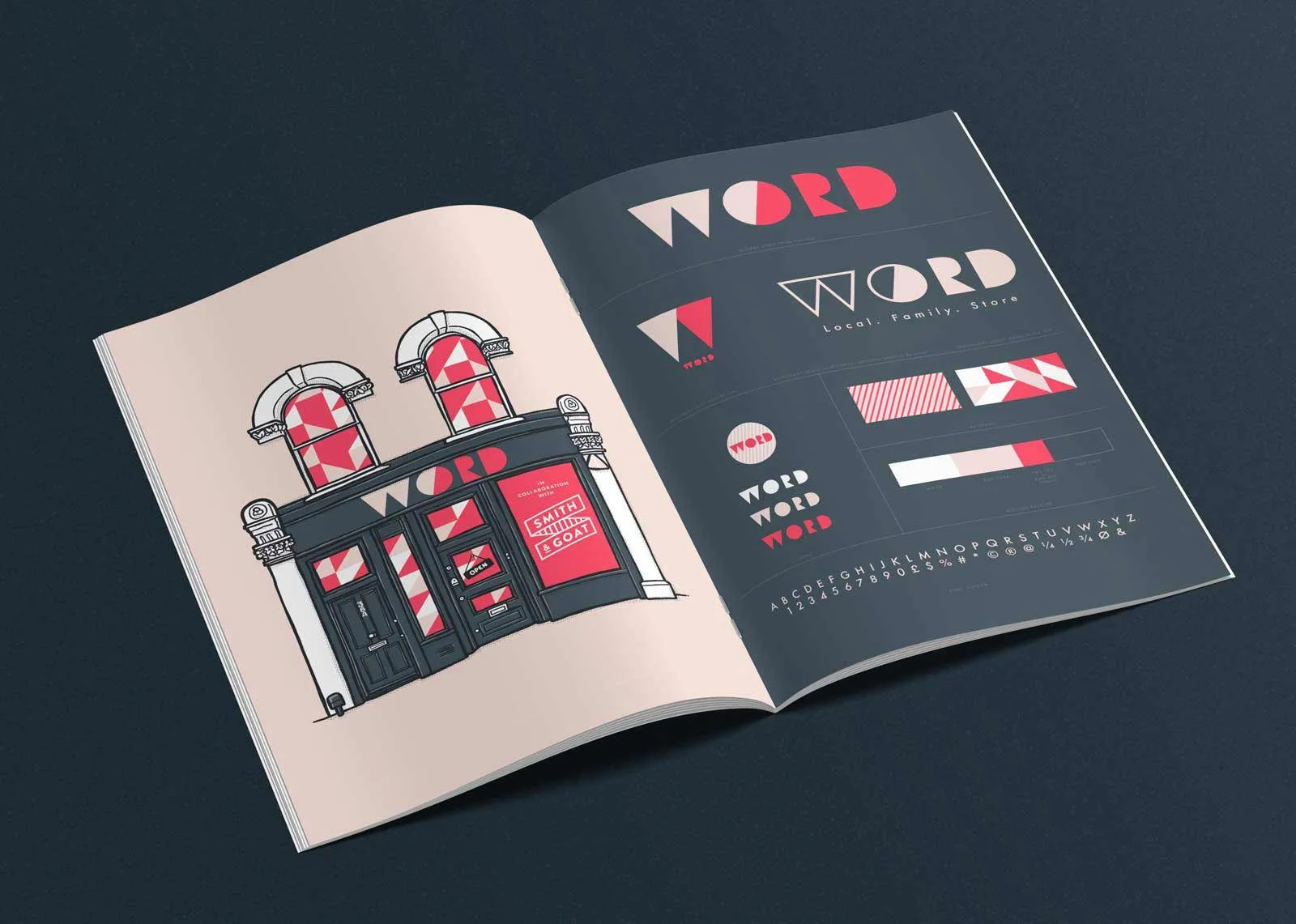 Generated Alt Text A brochure displays a storefront illustration and branding elements for lifestyle retailer WORD. "Local. Family. Store."