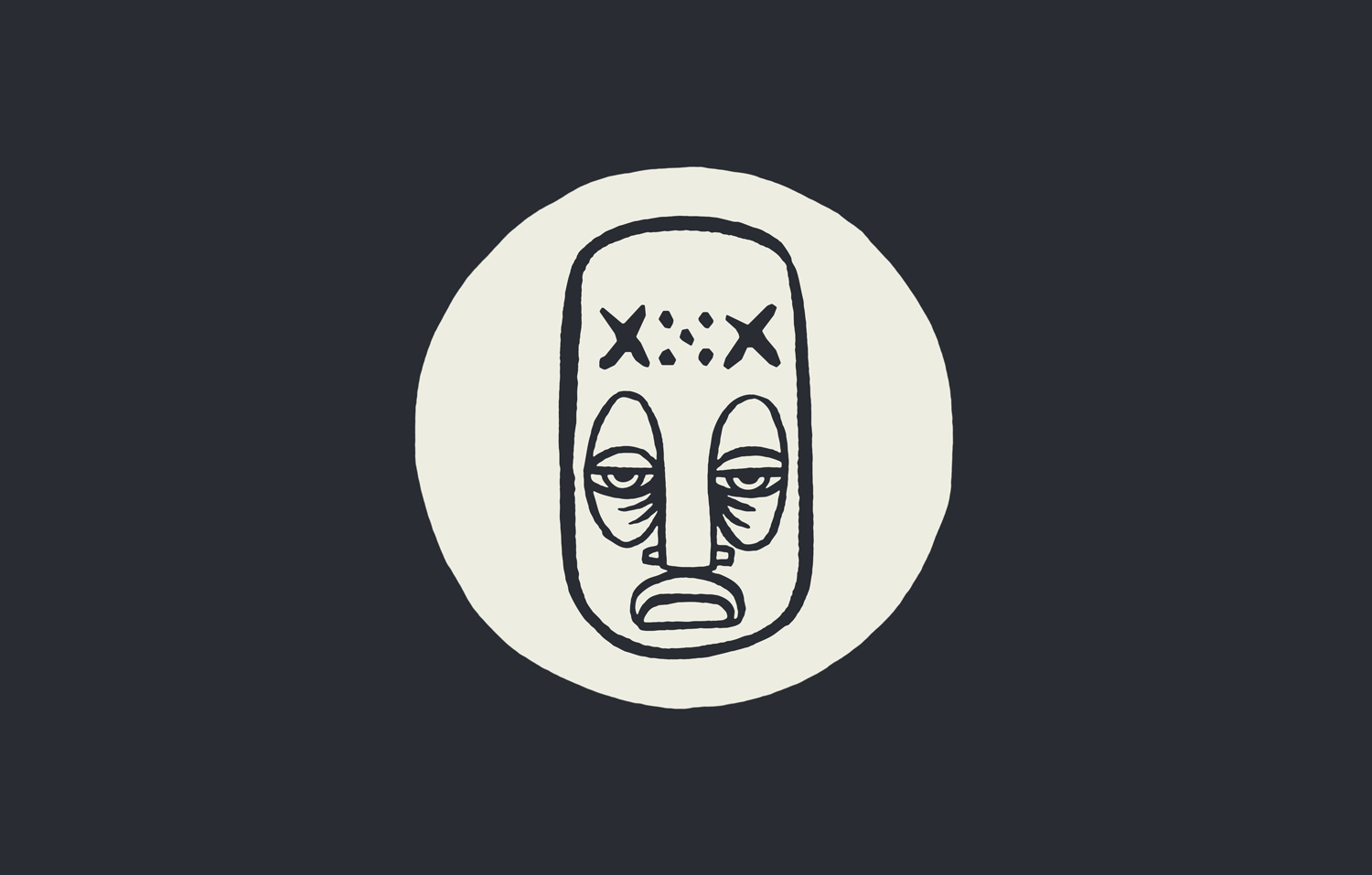 Dawn Wall logo. A stylised, tired-looking mask with geometric shaped pattern inside a circle.