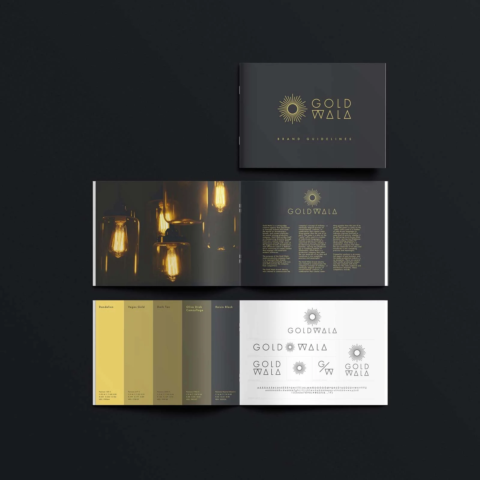 Gold Wala brand guidelines showcasing color palettes and logos with glowing lightbulbs.