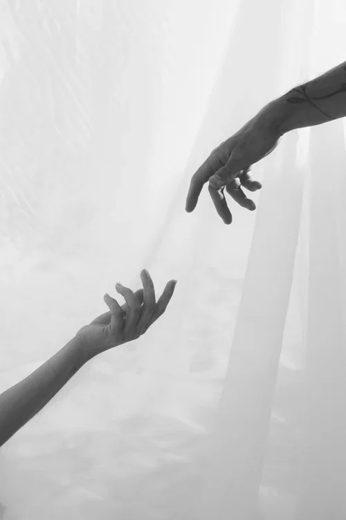 Artistic black and white close-up of two hands reaching towards each other through a billowing white veil