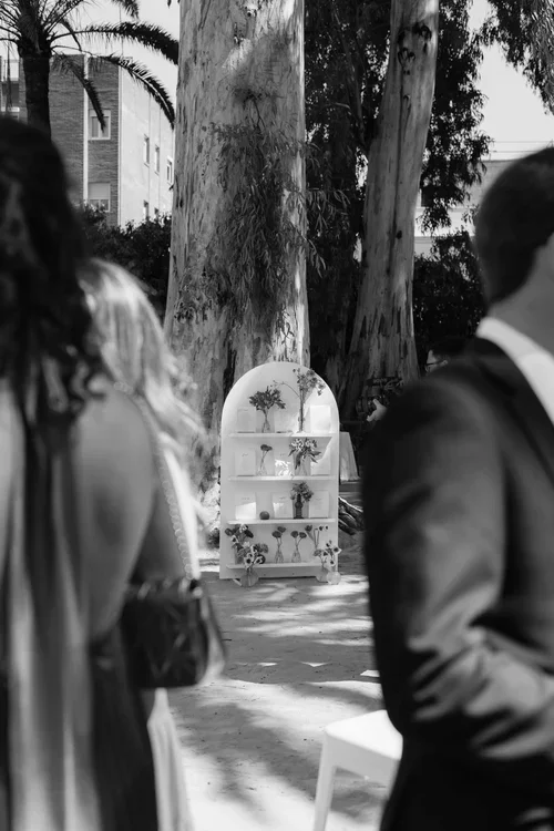White arched shelving unit seating plan display with bud vases and flowers viewed from behind wedding guests seated under eucalyptus trees at a Marbella outdoor wedding ceremony