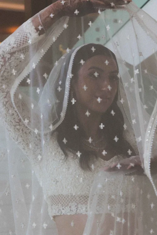 Close portrait of bride in white lace wedding dress seen through a star-embroidered tulle veil at a Marbella wedding