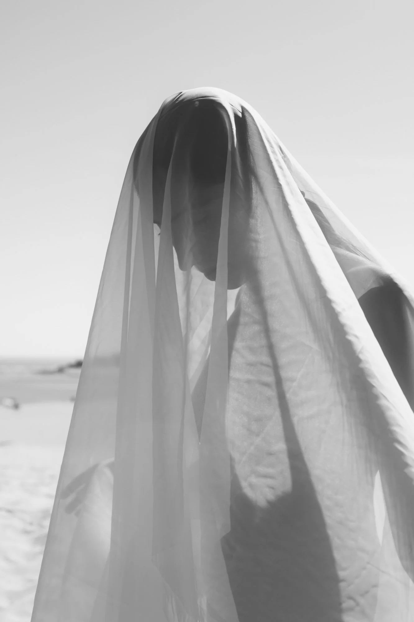 Artistic bridal portrait with flowing white fabric draped over the figure against an open sky