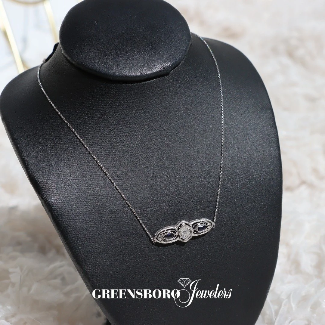 This 14K white gold necklace pairs natural diamonds with sapphires for a look that&rsquo;s elegant, easy to wear, and full of beautiful detail 💙

#GreensboroJewelers #Diamond #Sapphire