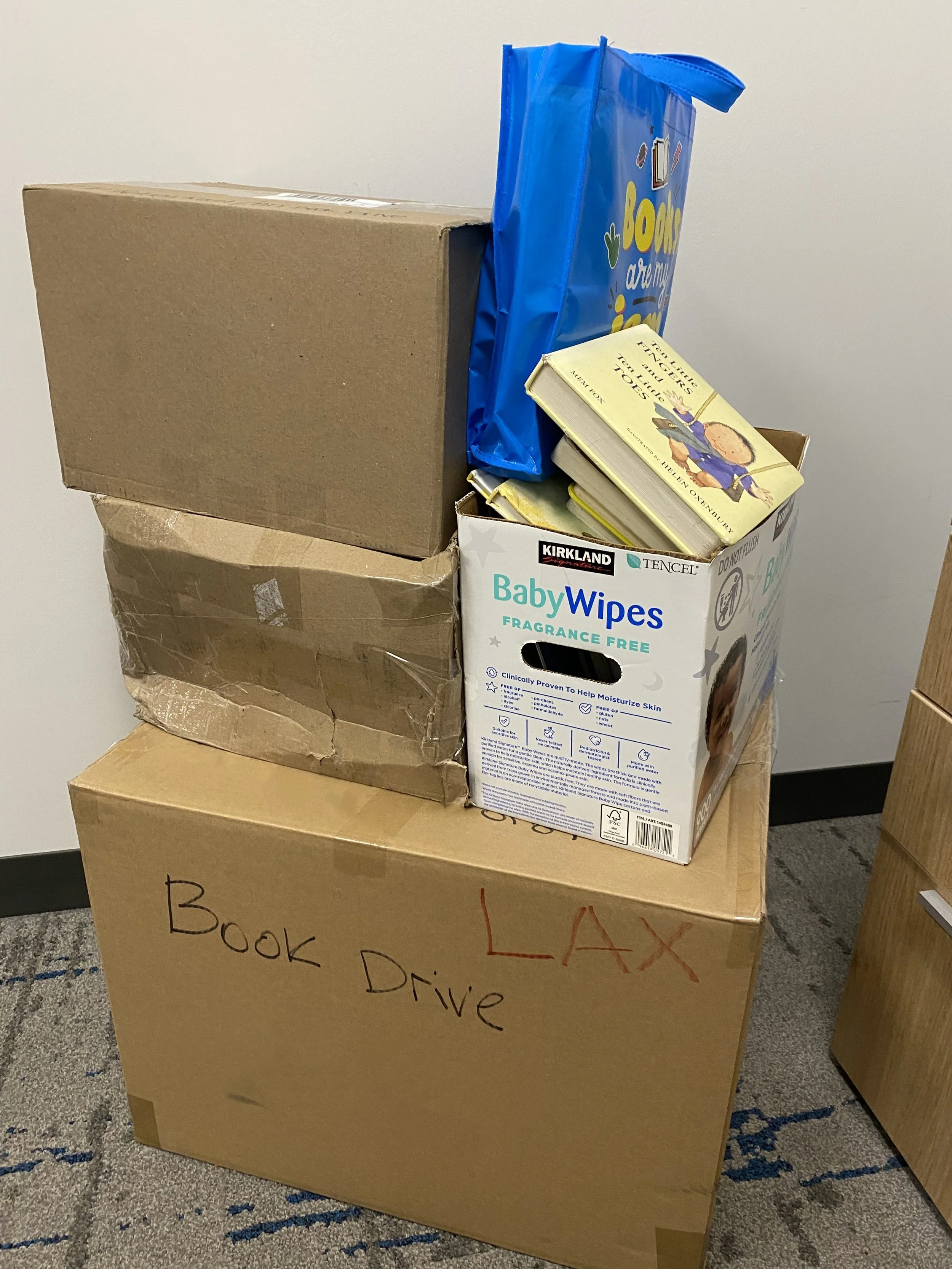 A cardboard box labeled 'LAX Book Drive' contains various donated items, including boxes of baby wipes, books, and a blue bag.