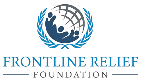 Logo for Frontline Relief Foundation of Altadena, helping those affected by the 2025 Fires in Los Angeles. featuring a stylized red and black gaming controller with blue flames around a circular background.