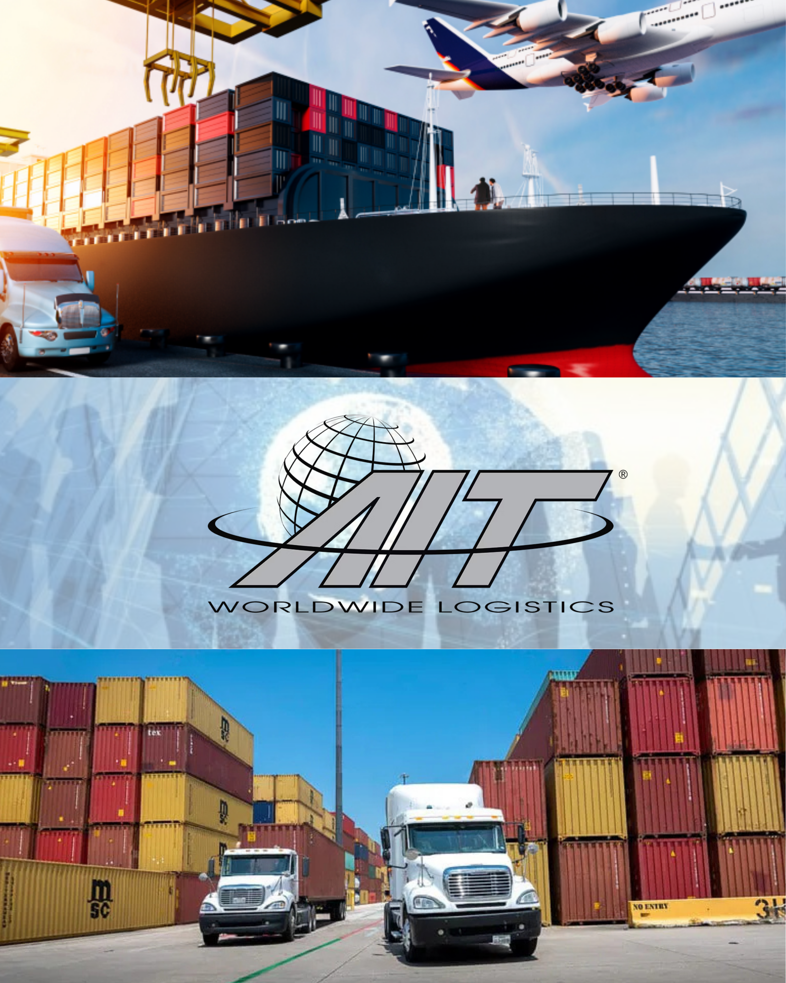 A shipping port with a large cargo ship docked, a plane flying overhead, trucks and containers at a logistics facility, and the AIT Worldwide Logistics logo
