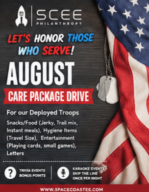 Promotional flyer for August care package drive supporting deployed troops, featuring the American flag and a dog tag, listing items needed like snacks, hygiene items, travel size toiletries, and entertainment, with event details and website.