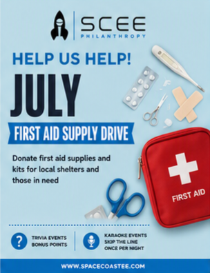 Flyer advertising a July first aid supply drive organized by SCEE. Features first aid kit, thermometer, scissors, adhesive bandage, and medication tablets. Call to donate supplies for local shelters.