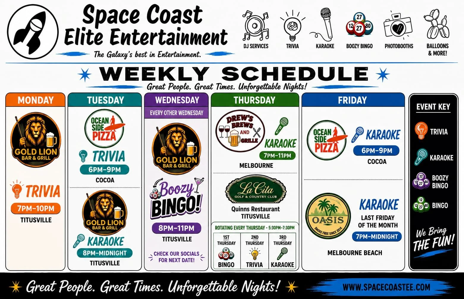 Weekly schedule for Space Coast Elite Entertainment featuring events such as trivia, karaoke, bingo, and more with locations and times listed for each day. Highlights include trivia and karaoke at Gold Lion Bar & Grill, and bingo sessions at Titusville, with a recurring Thursday night event at La Cita.