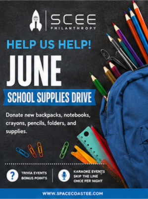 Backpack on a table with school supplies like markers, scissors, ruler, highlighters, and paper clips, promoting a school supplies drive for June organized by SCEE Philanthropy.