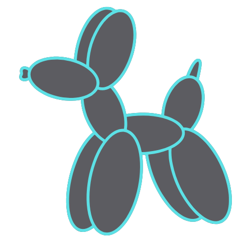 A cartoon-style balloon animal shaped like a dog, outlined in light blue with dark gray fill.