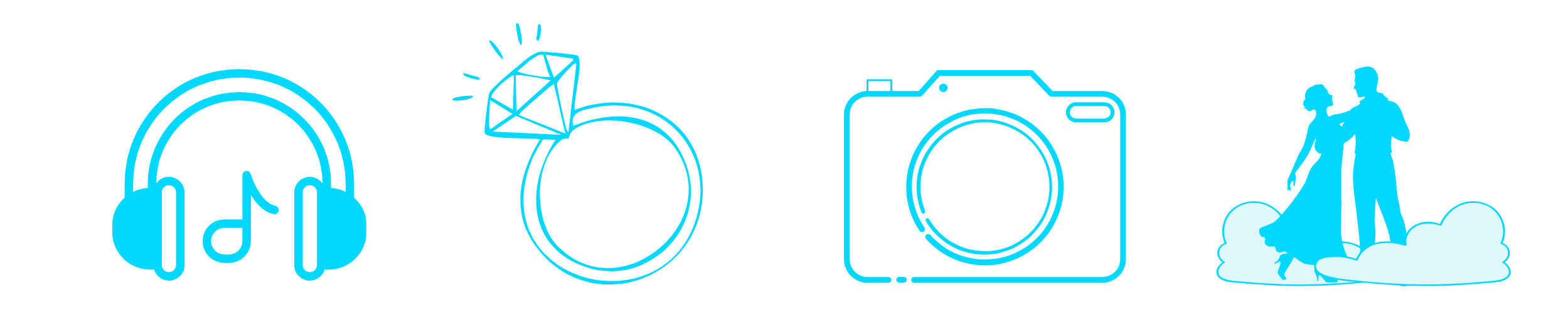 Icons of headphones with music note, diamond ring, camera, and dancing couple in blue outlines on black background.