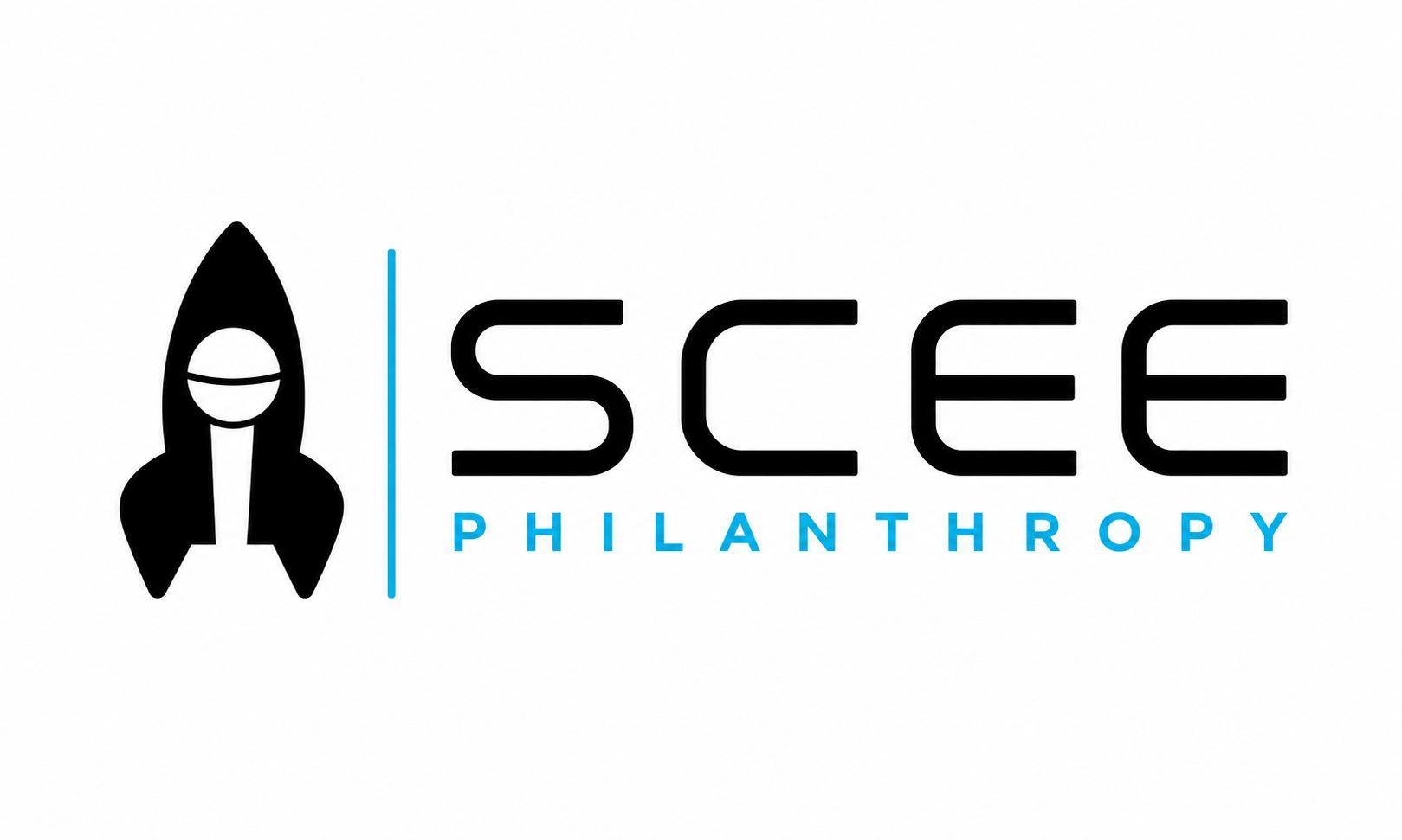 Logo with a black rocket icon, the word 'SEE' in bold black letters, a vertical blue line, and the words 'PHILANTHROPY' in blue capital letters.