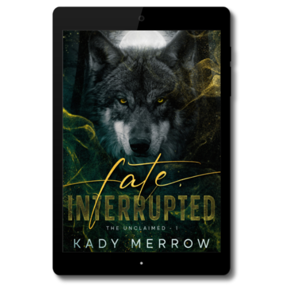 Book cover for 'Fate Interrupted' by Kady Merrow, featuring a fierce wolf with yellow eyes and a dark, mystical background.