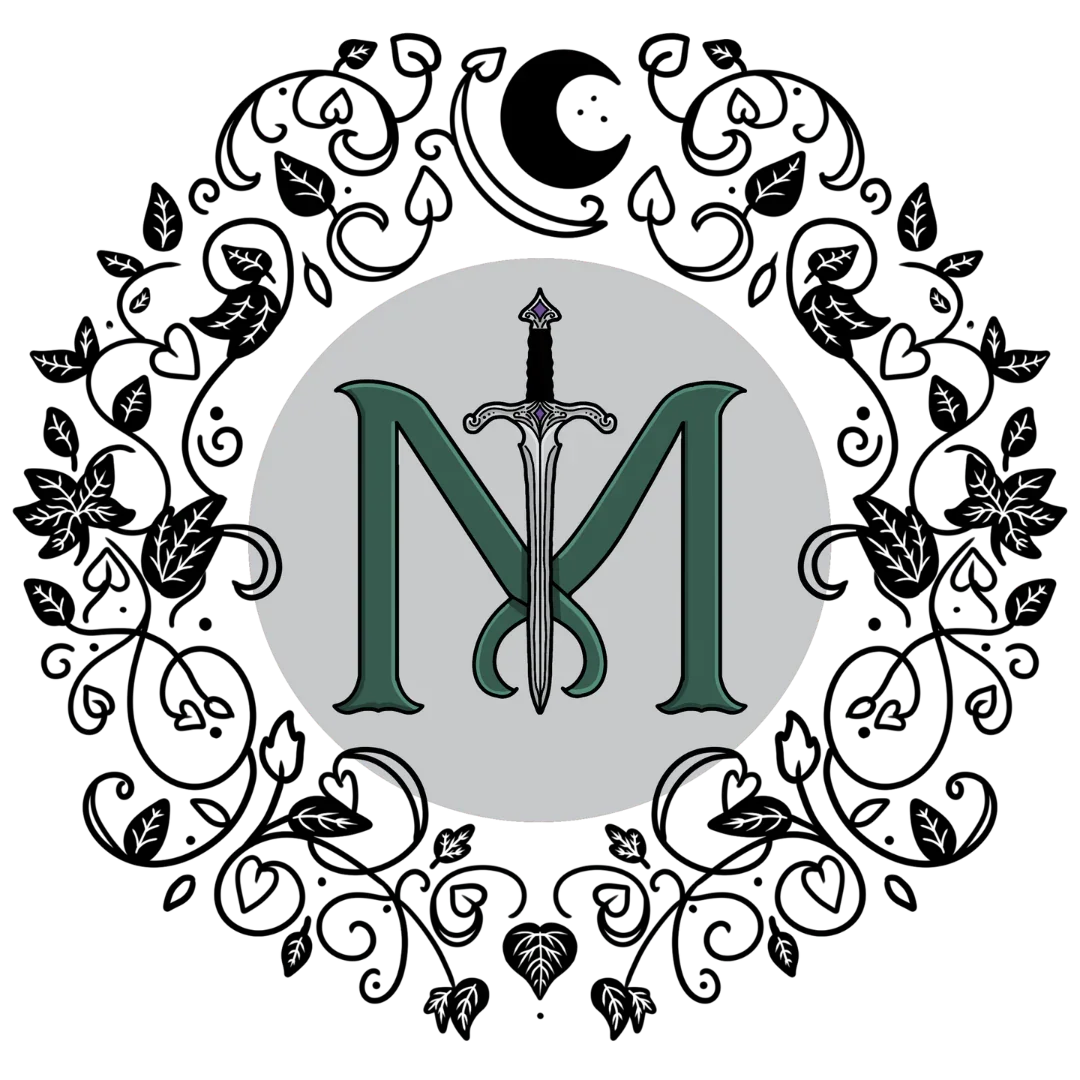 A stylized letter M intertwined with a sword, surrounded by an intricate black floral and vine design, with a crescent moon and star above.