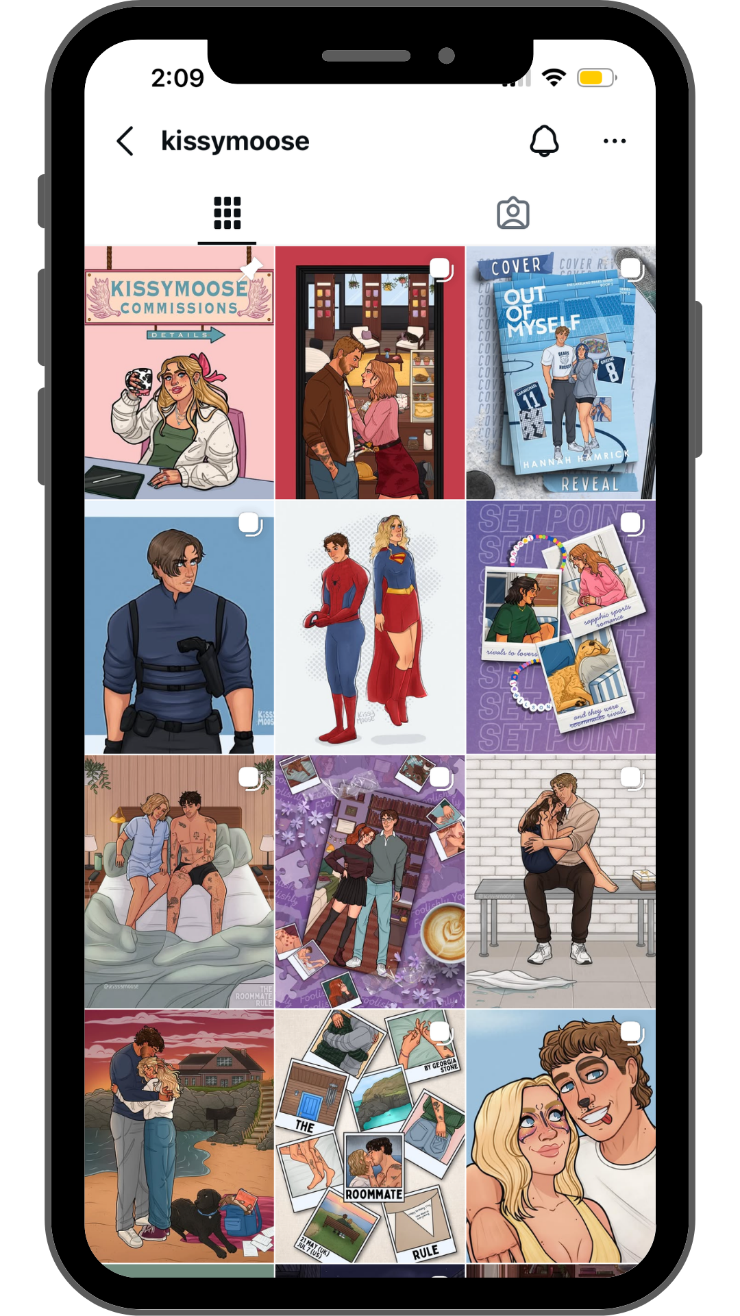 A smartphone screen displaying a social media profile with a grid of illustrated images and photos, including characters in various scenes such as a woman at a desk, a couple in a bakery, and superheroes, along with printed photographs related to a story or project.