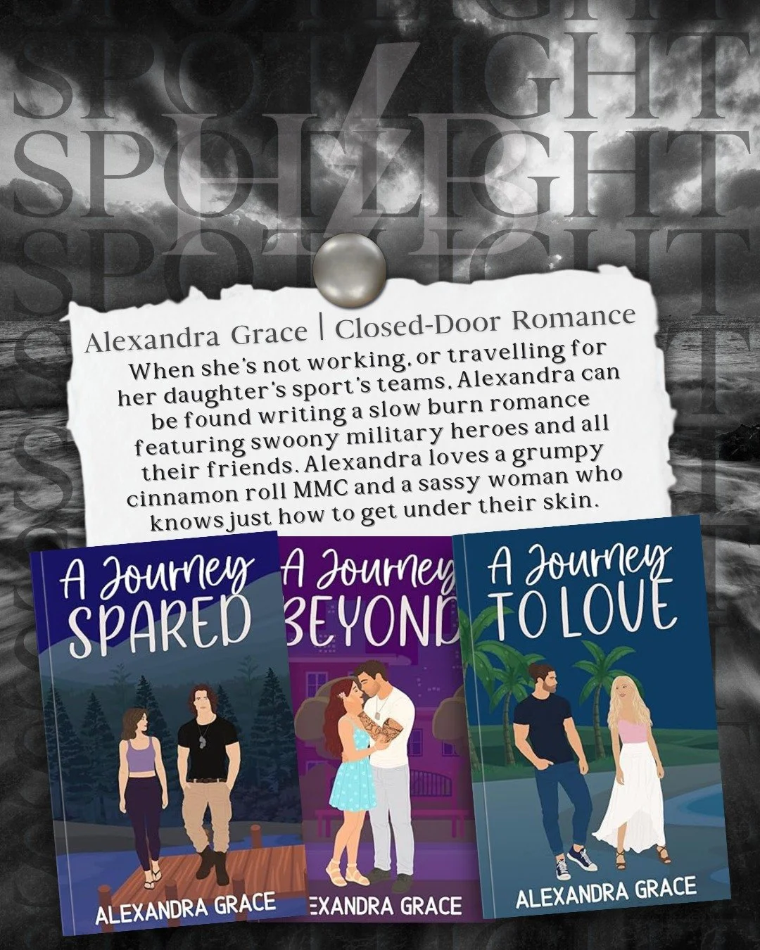 ⚡📖⚡Author Spotlight⚡📖⚡

Have you checked out Alexandra Grace yet?

When Alexandra&rsquo;s not working, or travelling for her daughter&rsquo;s sport&rsquo;s teams. Alexandra can be found writing a slow burn romance featuring swoony military heroes a