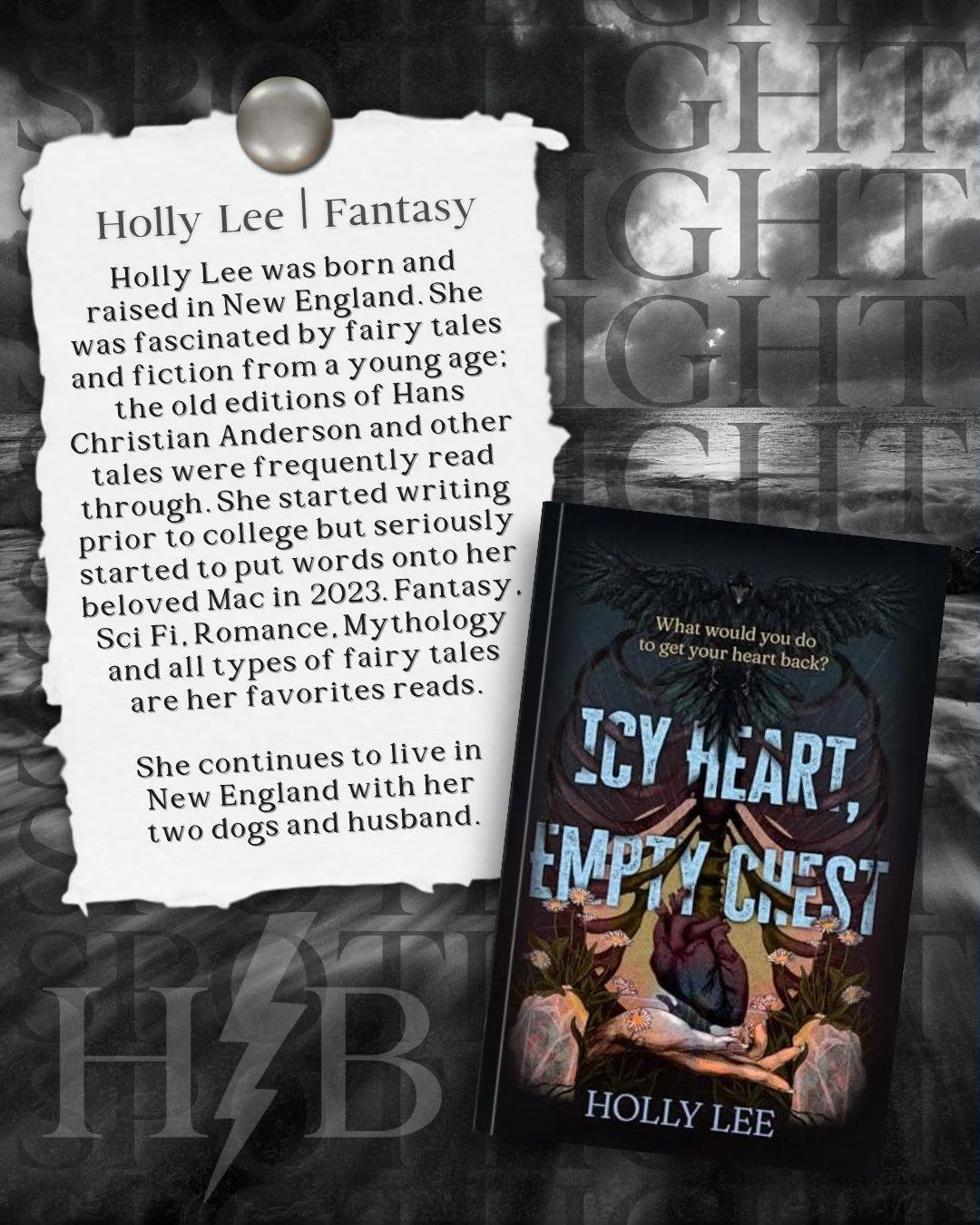 ⚡📖⚡Author Spotlight⚡📖⚡

Have you checked out Holly Lee yet?

Holly Lee was born and raised in New England. She was fascinated by fairy tales and fiction from a young age: the old editions of Hans Christian Anderson and other tales were frequently r