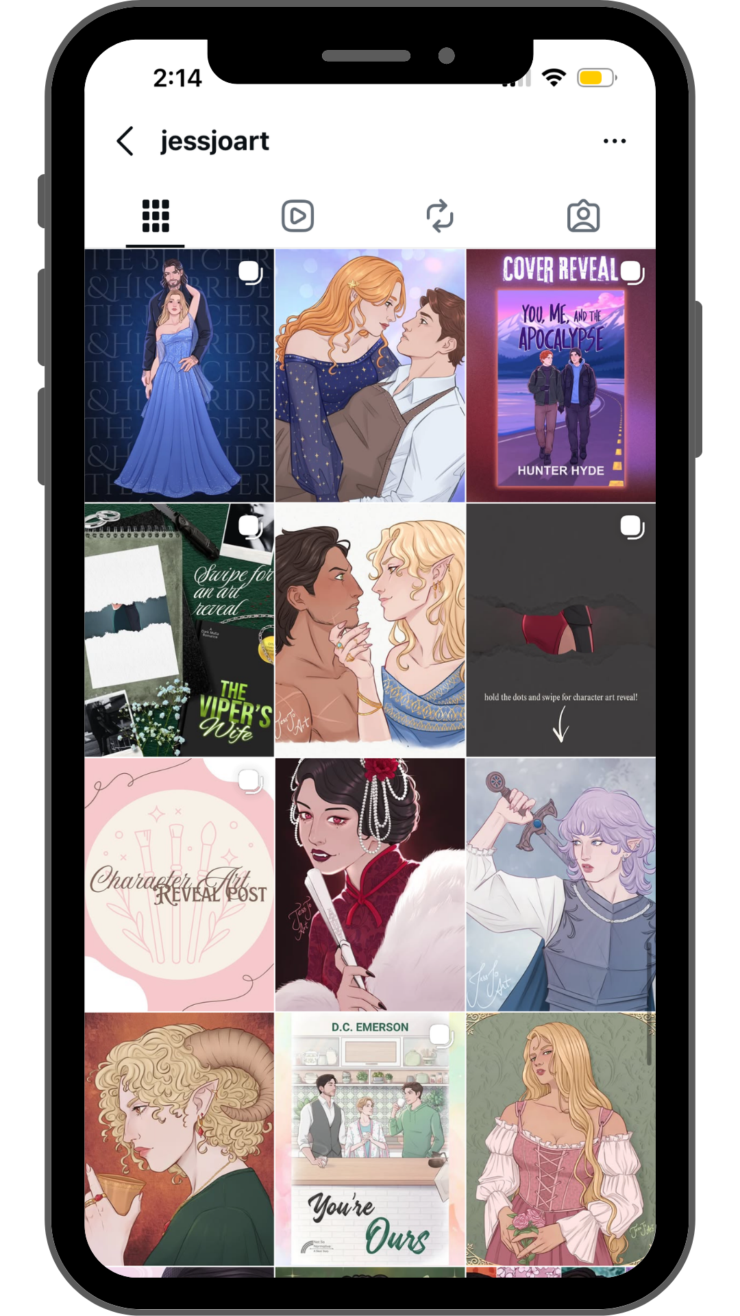 Instagram profile page with various illustrated artworks and cover reveal posts, featuring characters and themes from fantasy and romance stories.