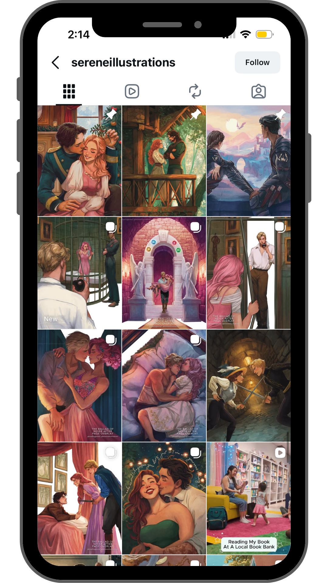 A smartphone screen displaying an Instagram profile called 'sereneillustrations' with various digital illustrations of romantic and fantasy scenes, including couples, fantasy settings, and book-related art.
