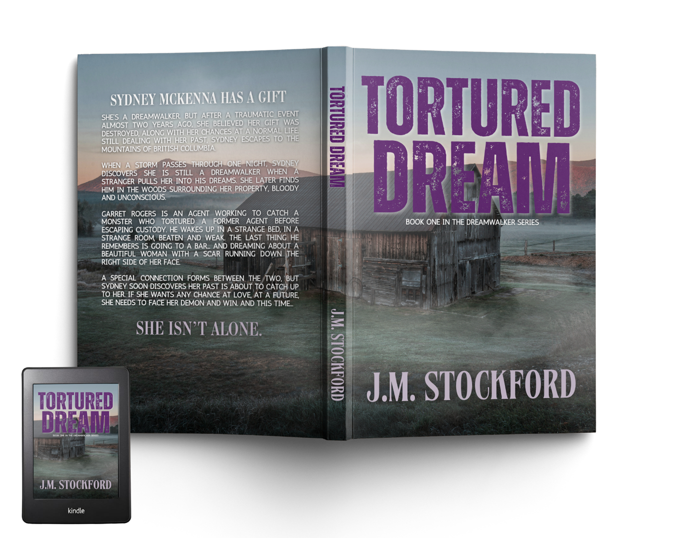 Tortured Dream by J.M. Stockford paperback and ebook mock ups. Tortured Dream is in big purple bold letters with distressed texture. In the background is an old abandoned barn with mist all around the farm land.