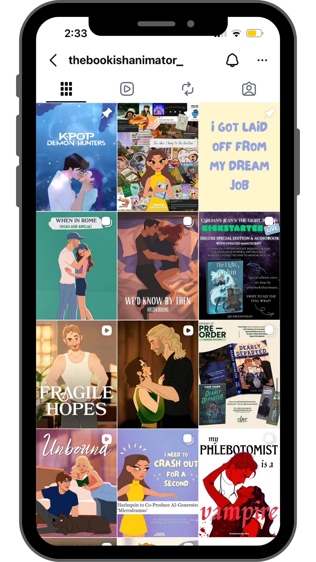 A screenshot of an Instagram profile page for 'thebookishanimator_' showing various digital illustrated book-related content and artwork.