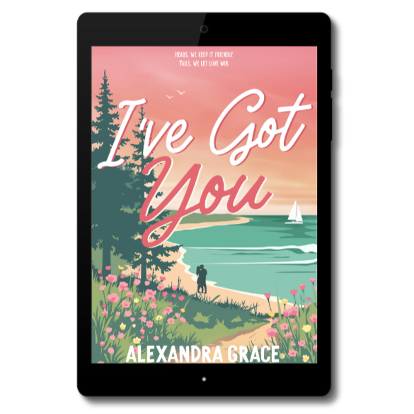 E-book cover titled "I've Got You" by Alexandra Grace, featuring a beach scene with pink flowers, green trees, a person walking, a sailboat on the water, and a sunset sky.