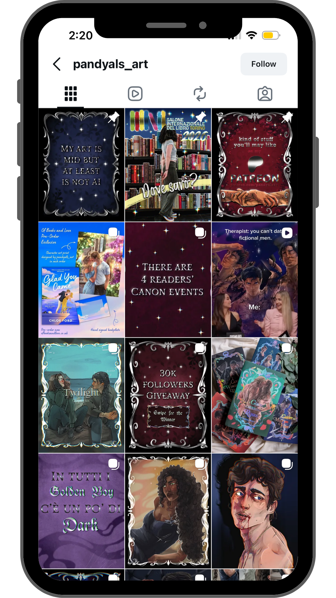 Instagram profile page of pandyals_art showing various digital artwork and promotional graphics in a grid layout.