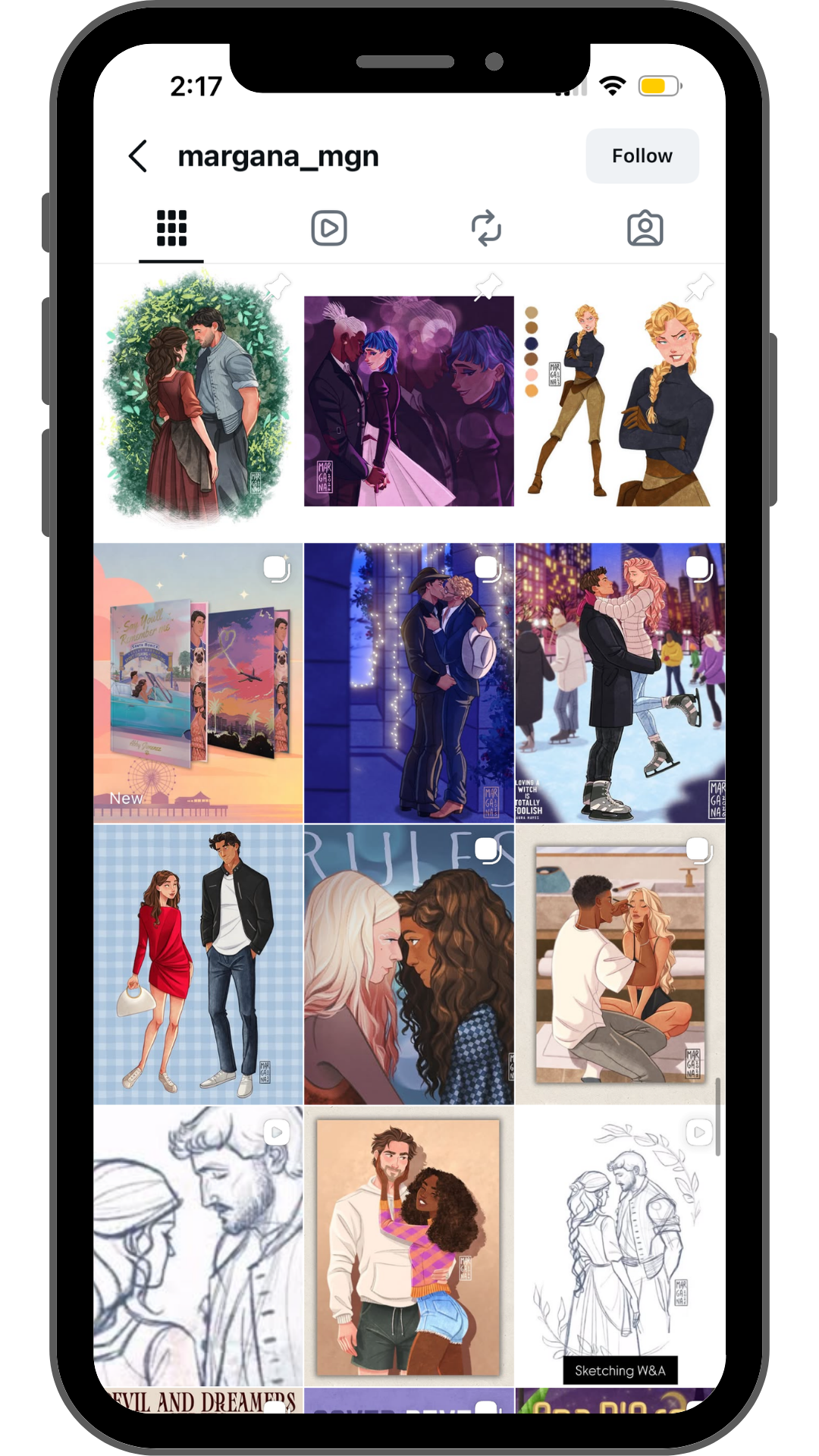 Instagram profile page of user margana_mgn displaying various digital artwork and illustrations of romantic couples and seasonal scenes.