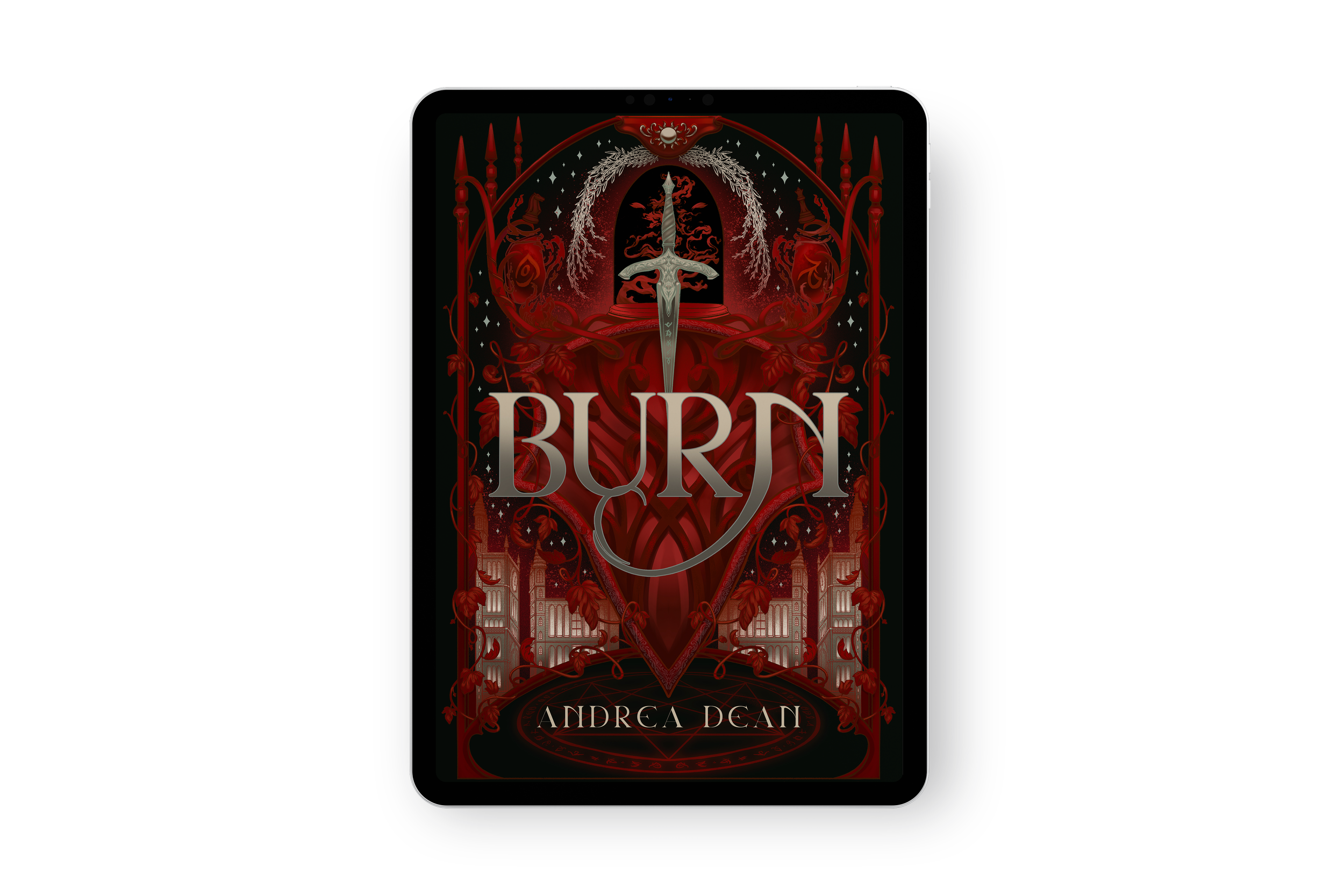 tablet mock up of the book cover for Burn by Andrea Dean
