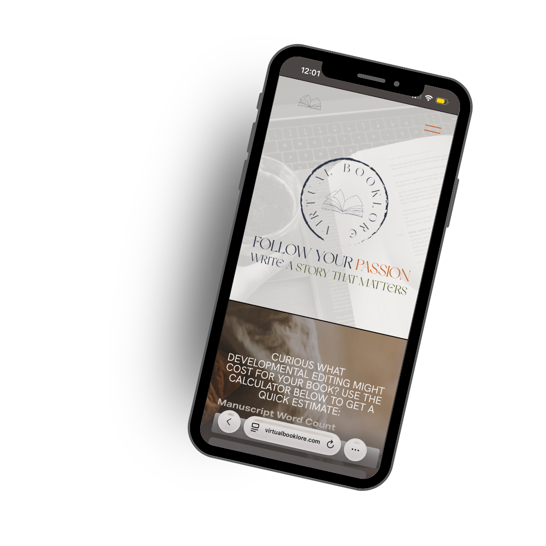 A smartphone displaying a website about book publishing, with text encouraging writers to follow their passion and write stories that matter, featuring a stamp with a book icon and the words "TRAIL BOOKI".