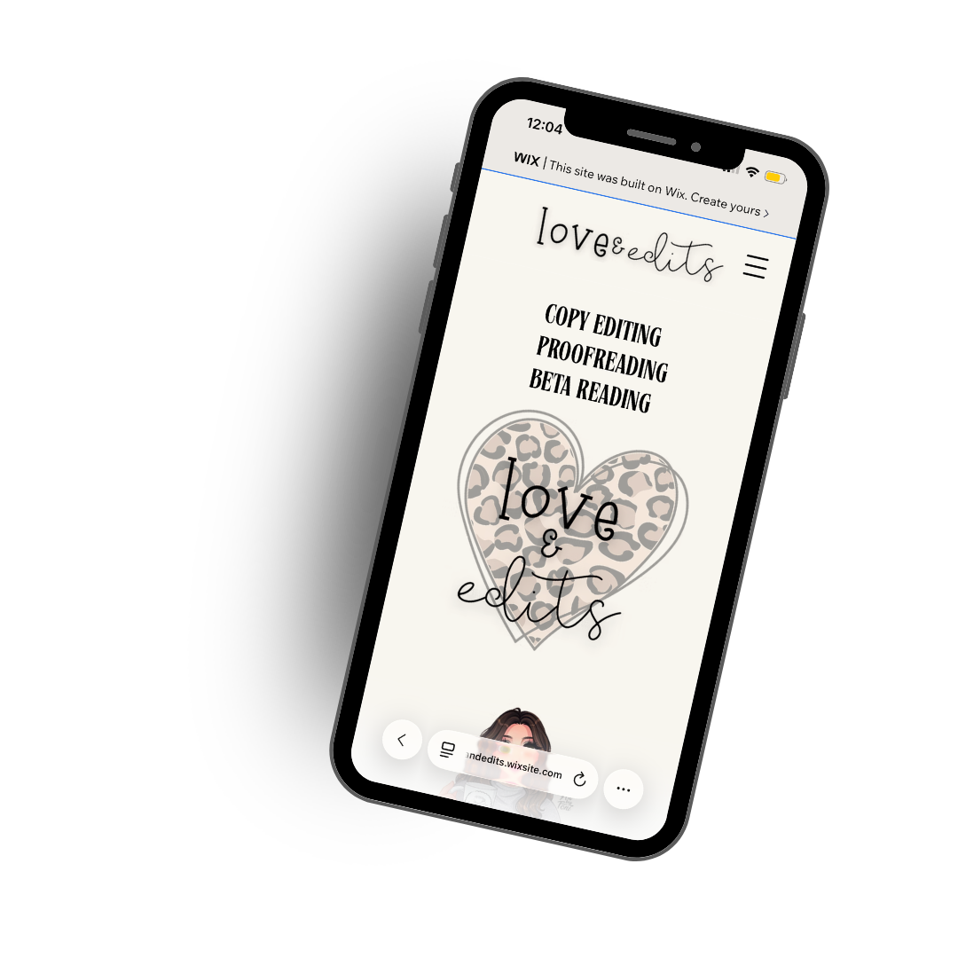 A smartphone displaying a website named 'love edits' with editing options like copy, editing, proofreading, and beta reading, and a heart with a leopard print pattern behind the text 'love & edits'.